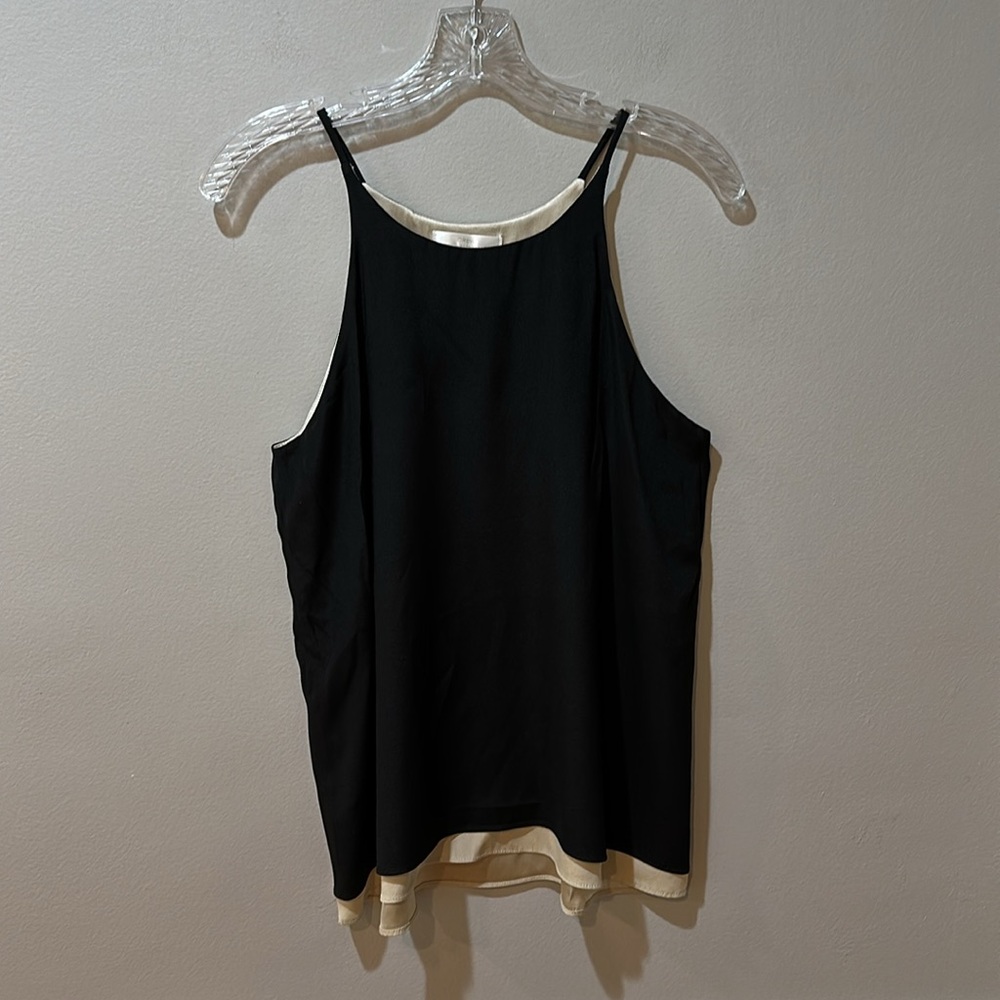DREW Black Tan Lightweight 100% Silk Camisole Layered Tank Top Medium Back Slit